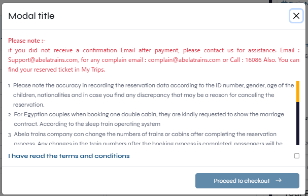 注意事項のポップアップ。I have read the terms and conditionsにチェックしてProceed to checkoutを押す
